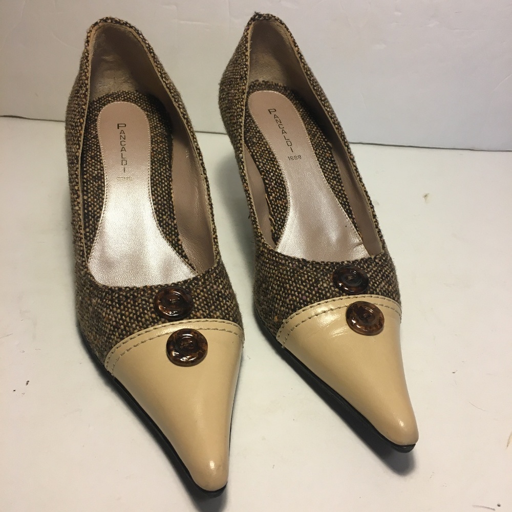 Pancaldi 1888 BROWN TWEED w/Button Kitten Heel 6.5